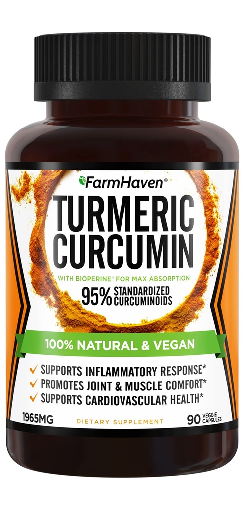 כורכום Turmeric Curcumin עם BioPerine Black Pepper & 95% Curcuminoids, 1965mg, מקסימום Absorption לתמיכה משותפת, non-GMO Turmeric כמוסות, המיוצר בארה"ב - 90 Veg Caps