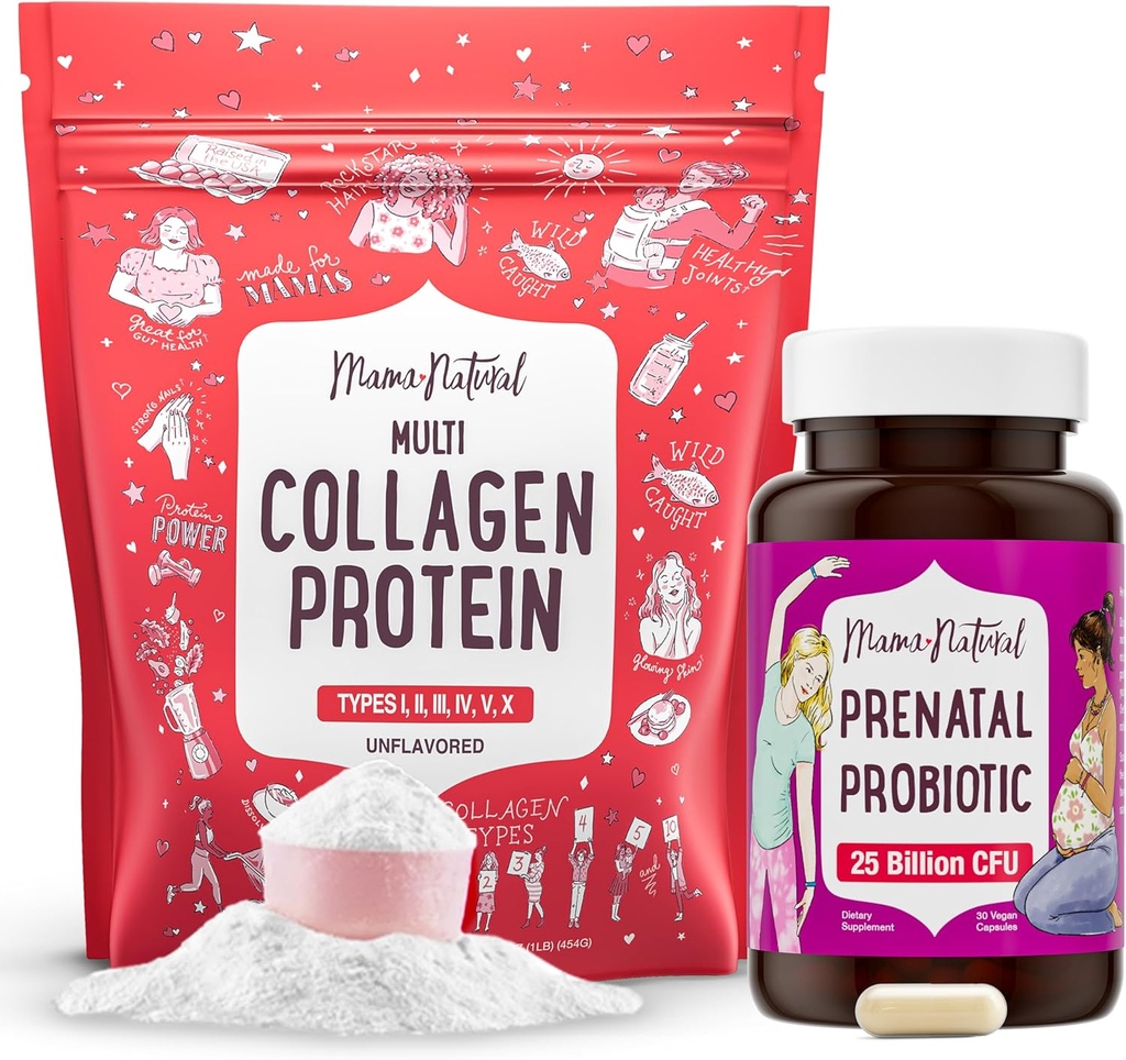 אמא טבעית טרום לידתית Probiotic & Multi Collagen חלבונים Bundle - 25 מיליארד CFU & 11g hydrolyzed Collagen peptides עבור הריון, שיער, עור, ריחות ותמיכה בריאות העיכול