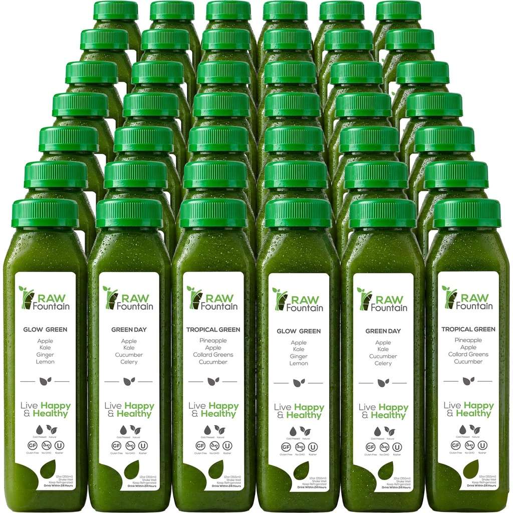7 יום ירוק מיץ ניקוי על ידי Raw, All Natural Raw, טבעוני Detox, Cold Pressed Juice, 42 בקבוקים 12oz, 3 ג'ינג'ר יורה