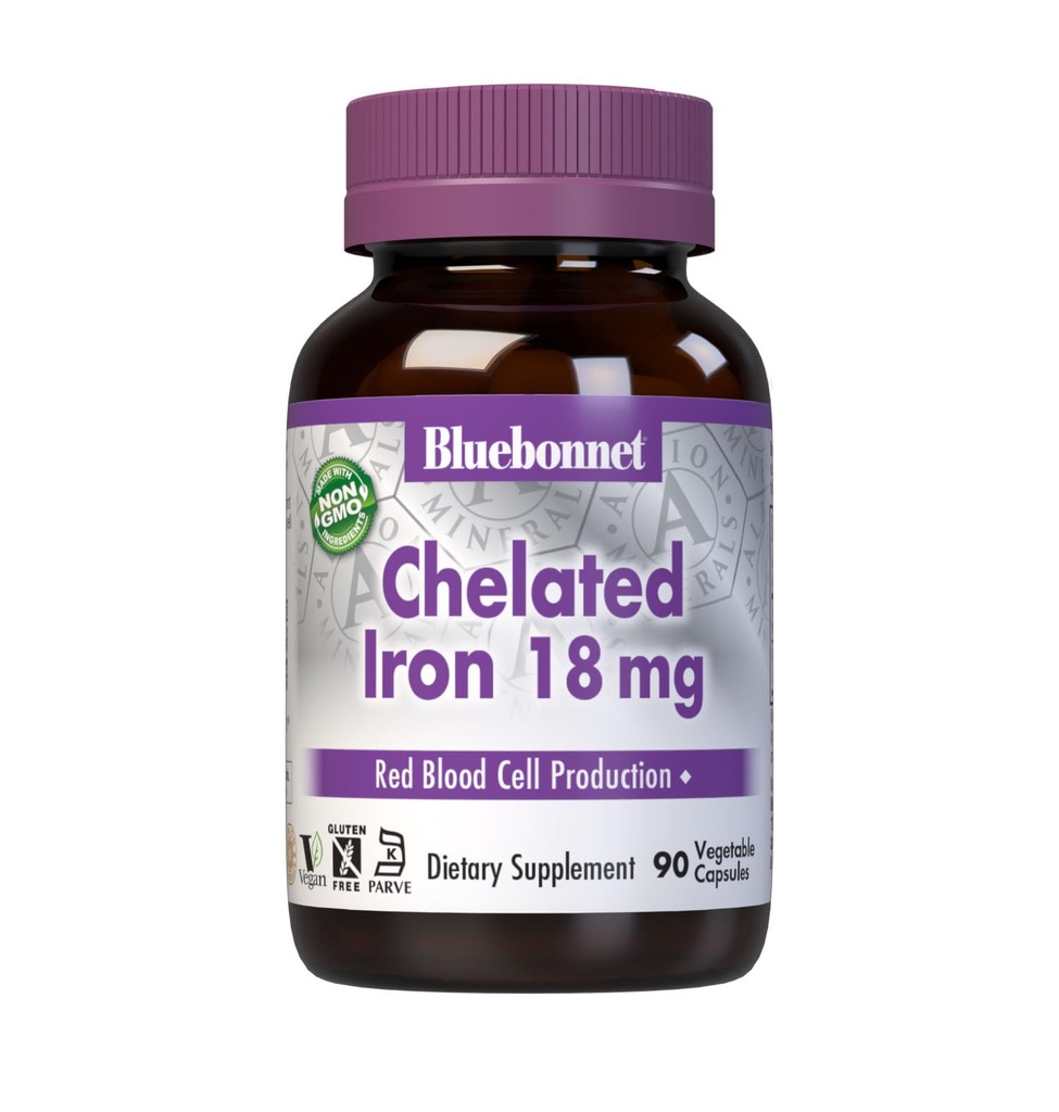 Bluebonnet Nutrition Chelated Iron 18 מ"ג - ברזל ללא עצירות - Soy-Free, Gluten-Free, non-GMO, מוסמך כשר, ללא חלב, טבעוני - 90 קפסולות ירקות, 90 משרתים