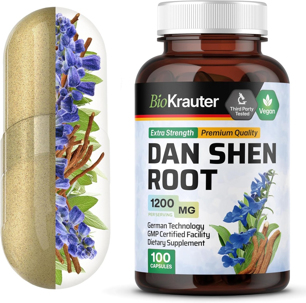 BIO KRAUTER דן שורש קפסולות - 1200 מ"ג כוח - 100 Red Sage Caps - Antioxidant Source - Salvia Miltiorrhiza Root - טבעוני