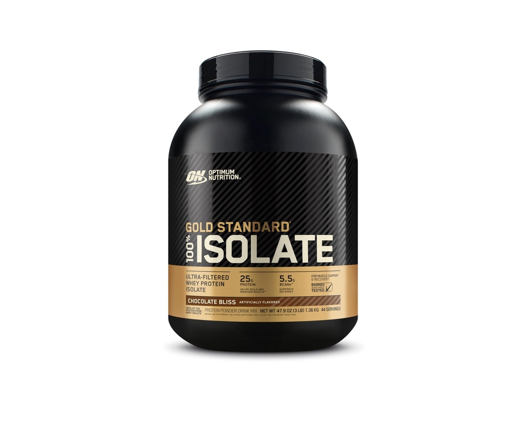 Optimum Nutrition Gold Standard 100% Isolate, אבקת חלבון, שוקולד, 3 פאונד, 44 משרתים. חלבון כבד (Packaging May Vary)