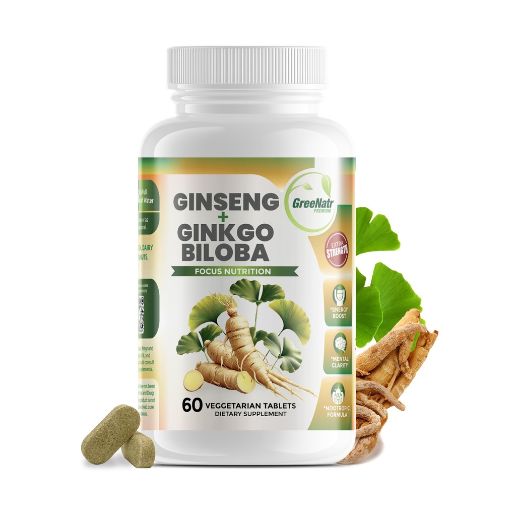 GreeNatr גינקו Biloba & Panax גינזנג תוסף - Red גינזנג המוח תוסף לזיכרון להתמקד - ג'ינקגו בילובה תוספי חזון טוב, מערכת החיסון ושיפור זרימת הדם - 60 טבליות