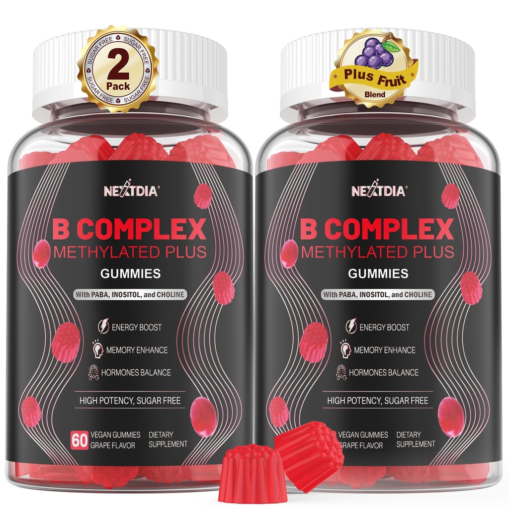 Nextdia Brain & Mood Support Gummies, Super Vitamin B Complex for Men & Women, All B Vitamin B1 B2 B3 B5 B6 B7 Folate MethyB12 with PABA, Inositol, Choline, Supports MTHFR Gene & Energy, Vegan, 120Ct