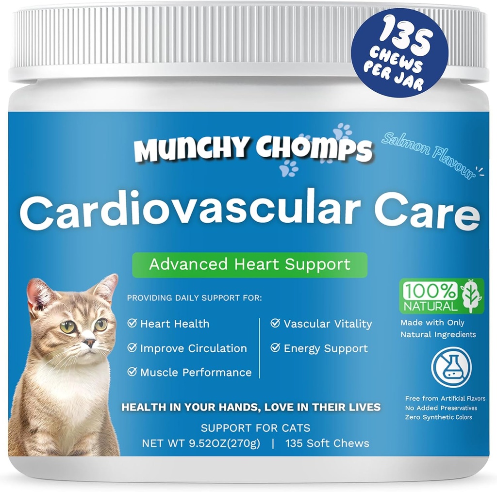 Cardio Chews for Cats - Advanced Cardiovascular Care - Heart Health & Circulation Support with Salmon Oil, טאורין, CoQ10 & More - תוסף פילין עבור הפונקציה טיפול לב אופטימי (Salmon)