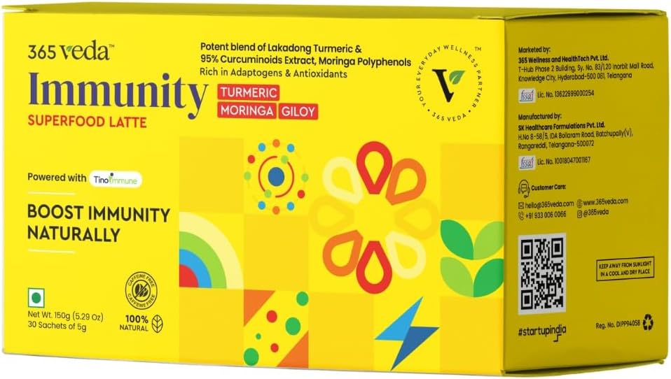 Immunity Boost Latte עם Moringa & Giloy, Turmeric, 100% תרכובות טבעיות, עשוי לשפר את העיכול, Gluten Free On-The-Go Sachets (30 Count)