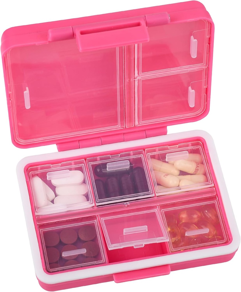 9-Grid Pill Organer,Portable Pill Box,Large Capacity Compartments, PillTravel Container, Medicine Dispenser,Pill Purse,Pill Case for ויטמינים, שמן דגים או תוספים (Rose)