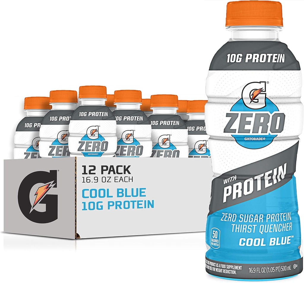 Gatorade Zero עם חלבון, 10g חלבון Whey חלבון Isolate, Zero Sugar, צמחוני, אלקטרוליטים, Cool Blue, 16.9 Fl Oz בקבוק, 12 Pack