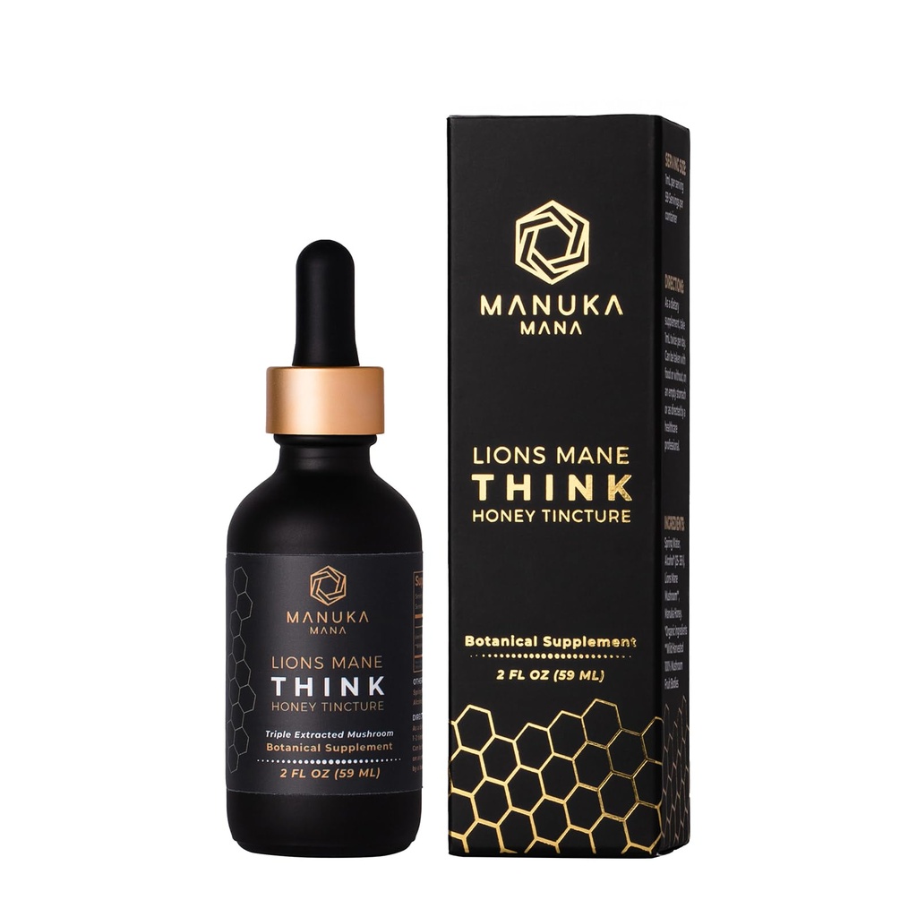 Lions Mane Think Honey Tincture USA Wild Harvested Lions Mane, Triple Extracted Tincture, Manuka Honey (MGO 150+), 100% פרי הגוף, 2 oz (60 משרתים)