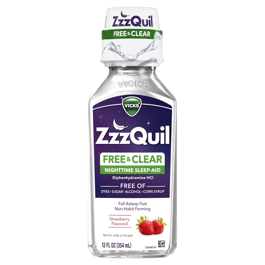 ZzzQuil, Nighttime Sleep Aid נוזלי, ללא אלכוהול & A מלאכותי Dyes, 50 מ"ג Diphenhydramine HCl, No.1 Sleep Aid Brand, Fall Asleep Fast, non-Habit Forming, Soothing Berry Flavor, 12 FL OZ