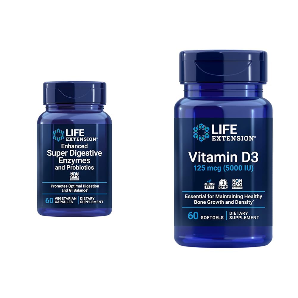 Life Extension 60-Count Super Digestive Enzymes & 5000 IU ויטמין D3 קפסולות עבור Digestion, Bone, Brain, Immune Health