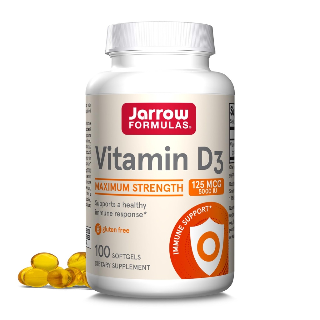 Jarrow Formulas ויטמין D3125 mcg (5000 IU) - 100 משרתים (Softgels) - בריאות העצם, תמיכה בחיסון ותמיכה ב- Calcium Metabolism - ויטמין D3 - 5000 IU D - Gluten Freeten Freeten Freeten Freeten
