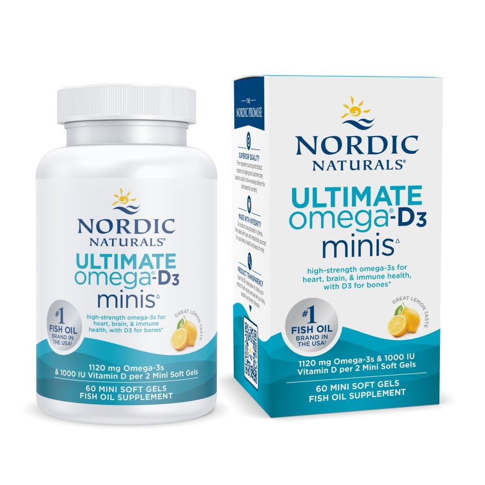 Nordic Naturals Ultimate אומגה Mini D3, Lemon Flavor - 60 מיני Soft Gels - 1120 מ"ג אומגה 3 + 1000 IU ויטמין D3 - EPA & DHA - מקדם את המוח ובריאות הלב - 30 משרתים