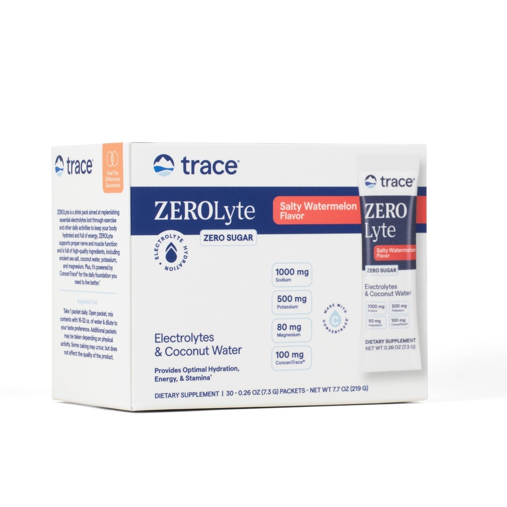 Trace מינרלים ZeroLyte - Sodium & Electrolyte Replenishment - Energy & hydrotion Support Drinkאבק - Nerve & השרירים פונקציות תמיכה - Salty Watermelon, 30 Packets (30 משרתים)