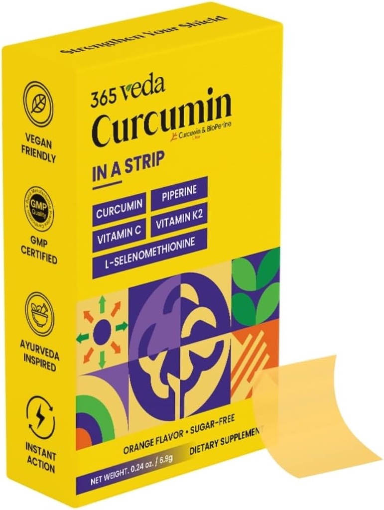 Turmeric Curcumin Strips from Turmeric Root Extract, Piperine, ויטמין C, ויטמין C2, non GMO, Sugar Free, May Support Liver - 30 פסים אוראליים (Orange)