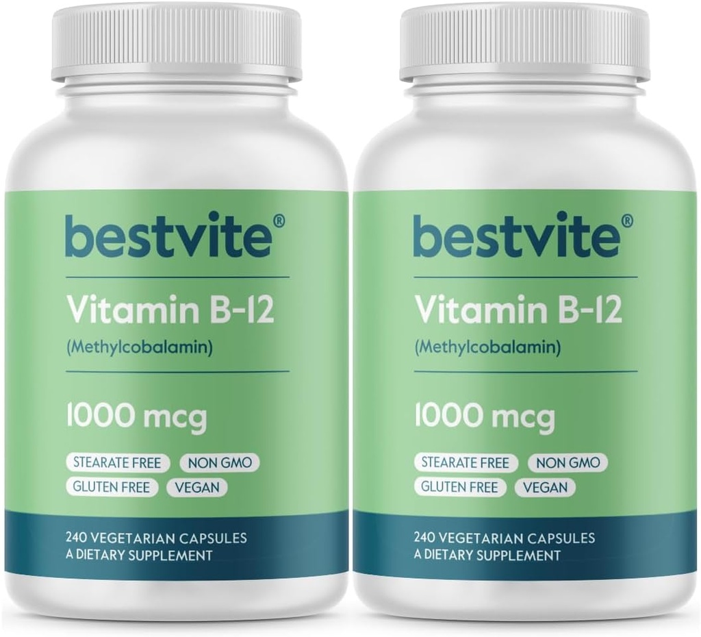הטוב ביותר ויטמין B12 (Methylcobalamin) 1000mcg (480 קפסולות צמחוניות)(2 x 240) (Methyl B12 - No Stearates - טבעוני - Non GMO - Gluten Freeten Free