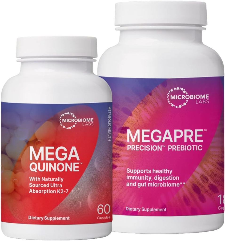 Microbiome Labs MegaPrebiotic כדי לתמוך Digestion & Gut (180 קפסולות) + MegaQuinone K2-7 שלם ויטמין K תוסף עם מגנזיום, Zinc (60 קפסולות) - 2 מוצרים Bundlele