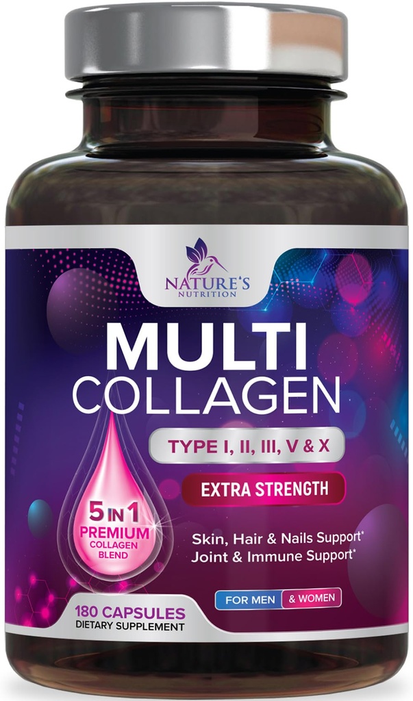 Multi Collagen תוסף 2400 מ"ג - סוגים I, II, III, V & X Multi Collagen Peptides Pills for Women & Men, hydrolyzed Collagen תוספים, שיער, עור, ריח ותמיכה משותפת - 180 קפסולות