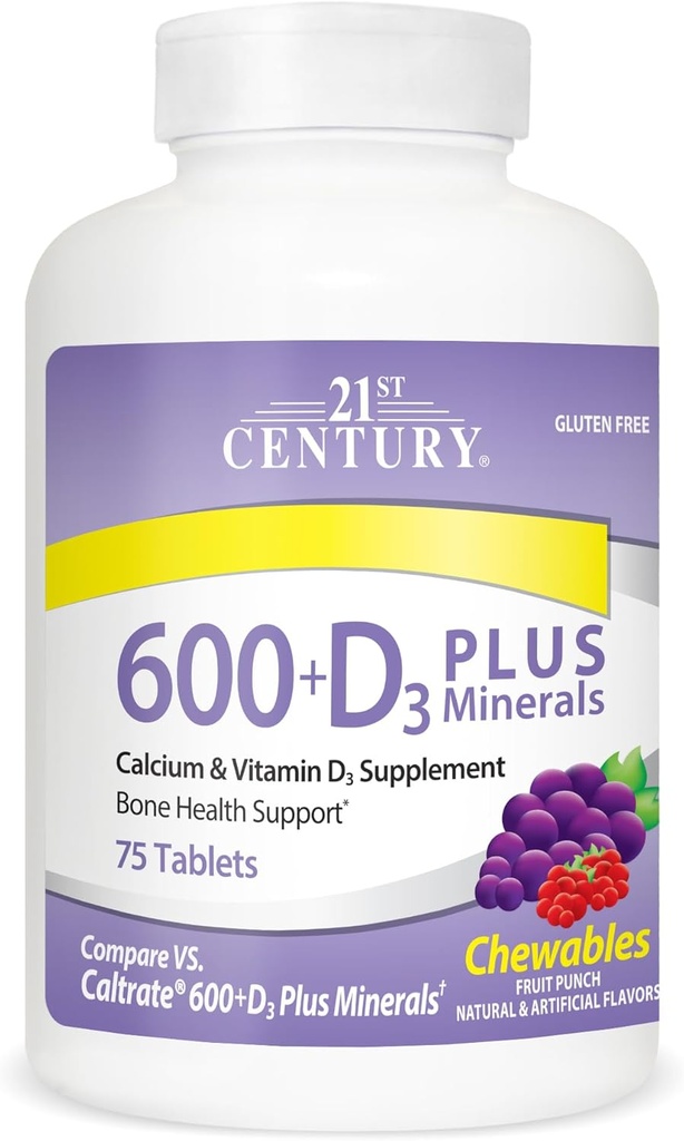המאה ה-21 Calcium 600 מ"ג +D Plus מינרלים Chewable Tablet, 75 הרוזן