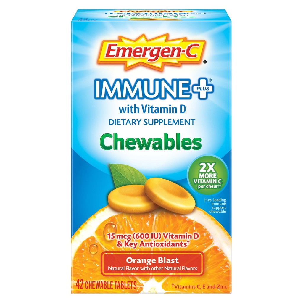 Emergen-C Immune+ Chewables 1000 מ"ג ויטמין C עם ויטמין D Tablet, Immune Support Dietary Supplement for Immunity, Orange Blast Flavor, Back to School Essentials - 42 Count Count Count