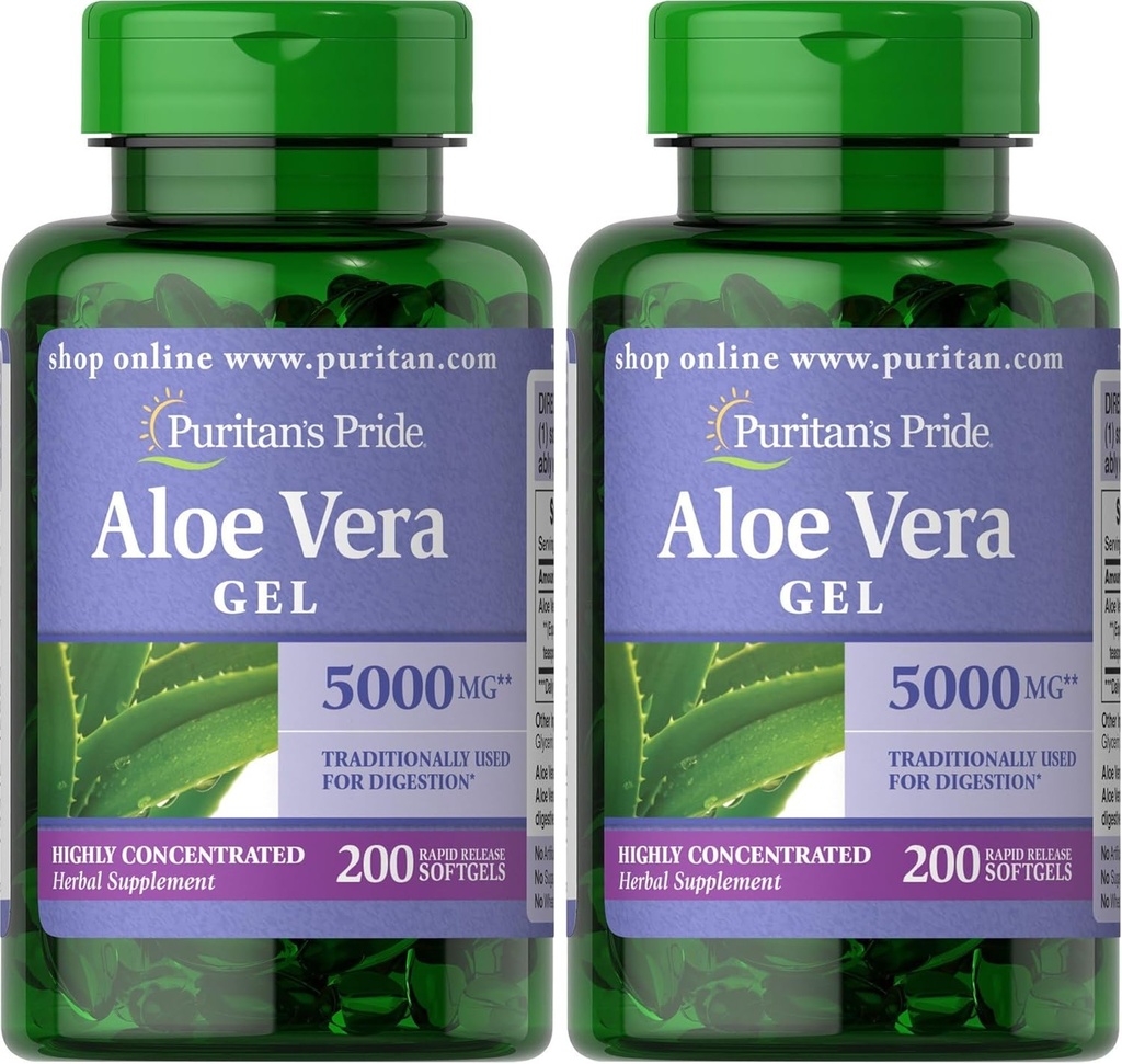 גאוותו של פוריטאן Aloe Vera לחלץ 25 מ"ג (5000mg Equivalent) Softgels, 200 Count (Packing May Vary) (Pack of 2)