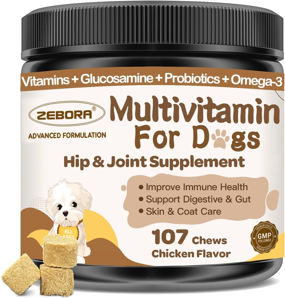 כלב Multivitamin עם מינרלים לבריאות כוללת - ויטמינים לכלבים ותוספים עם Glucosamine, פרוביוטיקה לכלבים Puppy & מבוגרים עם מינרלים - אומגה 3 שמן דגים עבור Skin & Coat - 107 Chews Chews