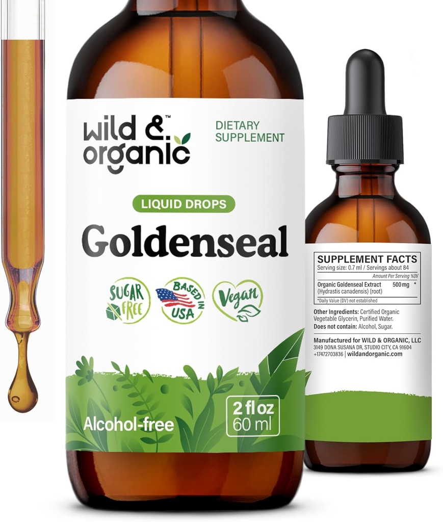 Wild & Organic Goldenseal Root Tincture - Lung ניקויse, Immune & Digestive Support - נוזל זהב תוספת - טבעוני, סוכר ואלכוהול חינם Herb טיפות - 2 fl oz