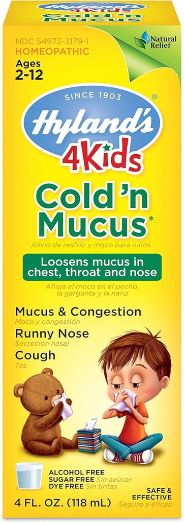 התרופה הקרה של Hyland לילדים בימי שני ומעלה, קר "n Mucus Relief נוזל, סיוע טבעי של מוקוס ועידה, Runny Nose, Cough, 4 Ouncess