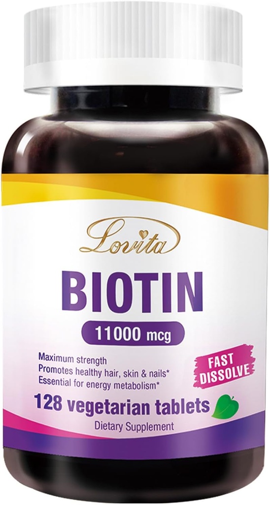 LOVITA כוח מקסימלי 11,000mcg Biotin: Fast-Dissolution, טבליות צמחוניות - בקלות Absorbed, Gluten & Milk-Free, 128 Vegan-Friendly Tablets