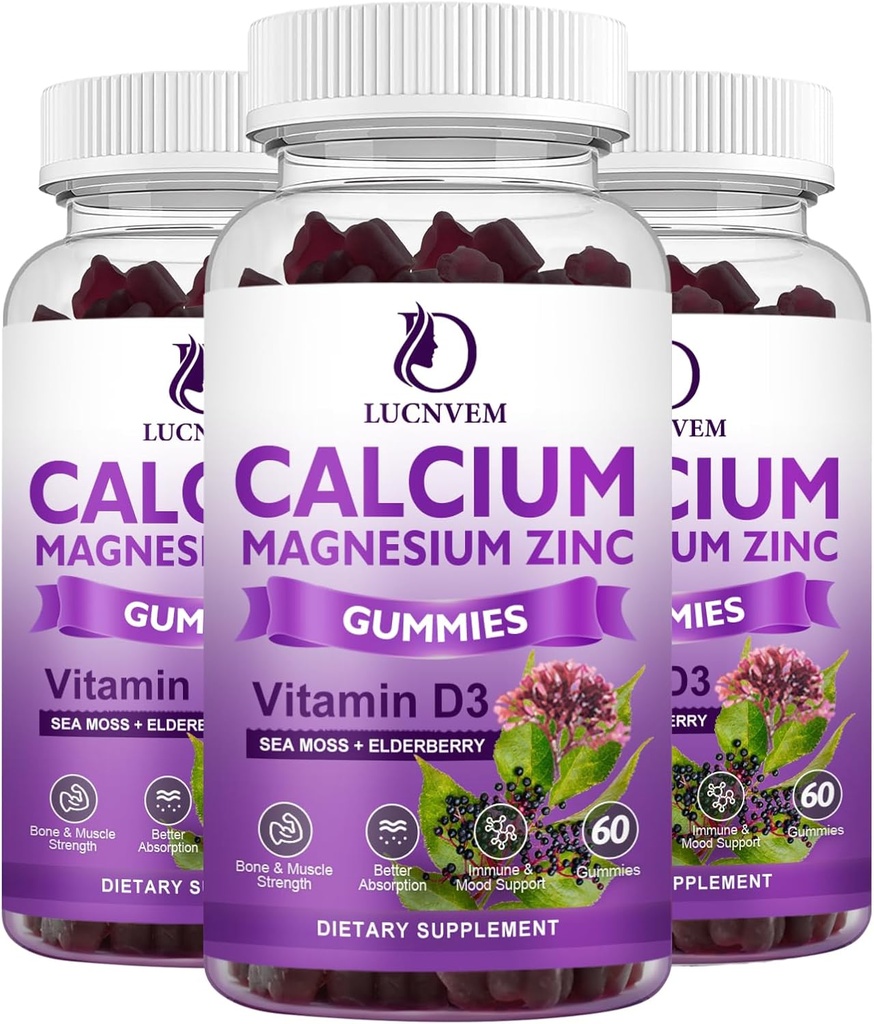 Calcium Magnesium Zinc Gummies שנון מבוגרים ו Sea Moss, Calcium Magnesium 2:1, מכיל מגנזיום Glycinate, ויטמין D3, עבור עצמות, שרירים, Calm Mood & Sleep Support, 60mies (3 Packs)