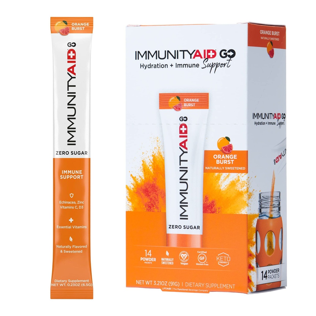 « חיים AID IT GO! Zero Sugar Immunity + hydrotion Packet, ויטמין C, Echinacea, Zinc, Astragalus Root, Keto- Friendly, Vegan & Gluten-Free, 5 קלוריות, מתוקן, ללא קפאין, 14 Pack