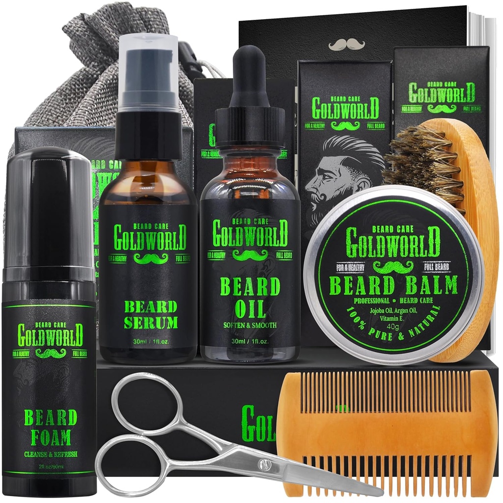 Beard Kit Beard Grooming Kit w/Beard Wash/Shampoo Beard Oil Balm Brush Comb Scissor Bag e-Book Christmas Stocking Stuffers נותן רעיונות לגברים אותו אבא חבר גברים