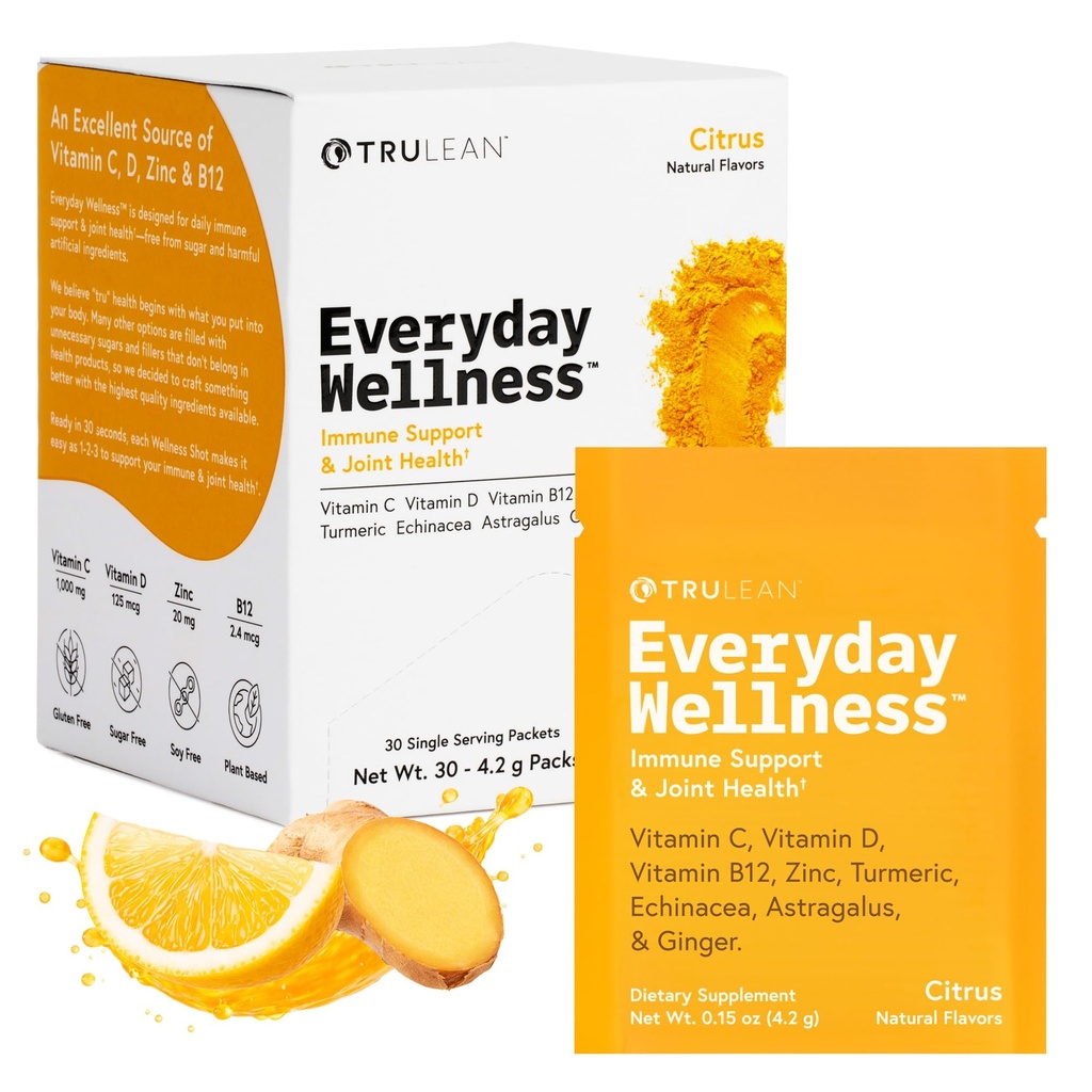 TRULEAN Everyday Wellness Shot אבקת - Turmeric, ג'ינג'ר, ויטמין C, Immunity & Immune Support Supplement - No Artificial Ingredients, No Sugar & Gluten Free - 30 Packets Citrus Flavor