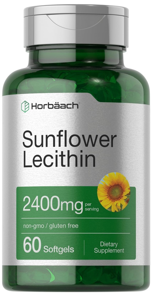 Horbäach Sunflower Lecithin Softgel קפסולות | 2400 מ"ג | 60 גלולות | באופן טבעי Occurring Phospholipids | Non-GMO, Gluten Free Supplement