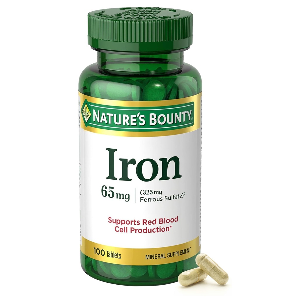 Nature's Bounty Iron 65mg, 325 מ"ג Ferrous Sulfate, תמיכה באנרגיה סלולרית, מקדם ייצור רגיל Red Blood Cell, 1 משרת Per Day, Gluten Free, 100 טבליות צמחוניות