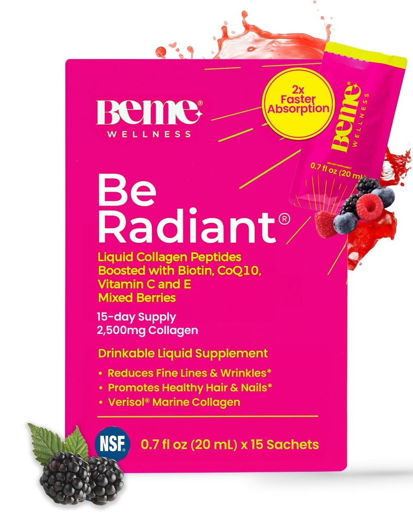 BeMe BeRadiant Liquid Collagen Peptide לשיער, Skin & Nails with 2X Faster Absorption - נבדק קלינית - 2,500mg Verisol hydrolyzed Collagen תוספי לנשים עם ביוטין, CoQ10 & ויטמין C