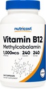 ויטמין B12 (Methylcobalamin) 1000mcg, 240 קפסולות - Vegetarian, non-GMO & Gluten חינם B12 תוסף