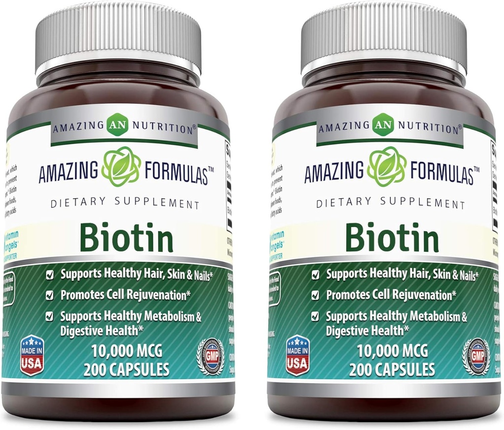 פורמולה מדהימה biotin 10000 mcg Veggie קפסולות | ויטמין B7 | Non-GMO | Gluten Free | Made in USA (200 Count | 2 Pack)