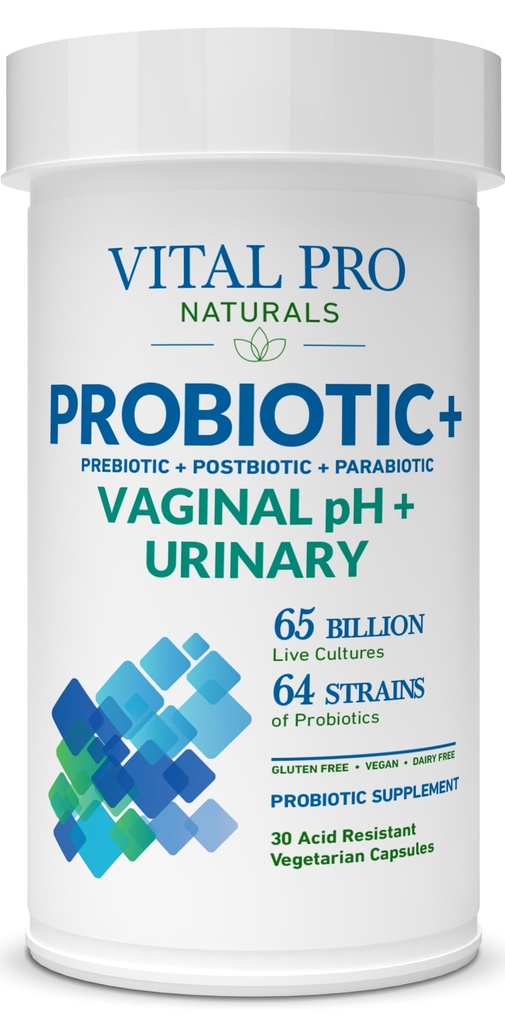 Vital Pro Naturals - pH Vaginal ו Urinary Probiotics + Prebiotics, Postbiotics, Parabiotics, 4in-1 תוספת לנשים, רגישות גבוהה, 64 סטרינס, העיכול, Urinary, Immune Health, 30 ct