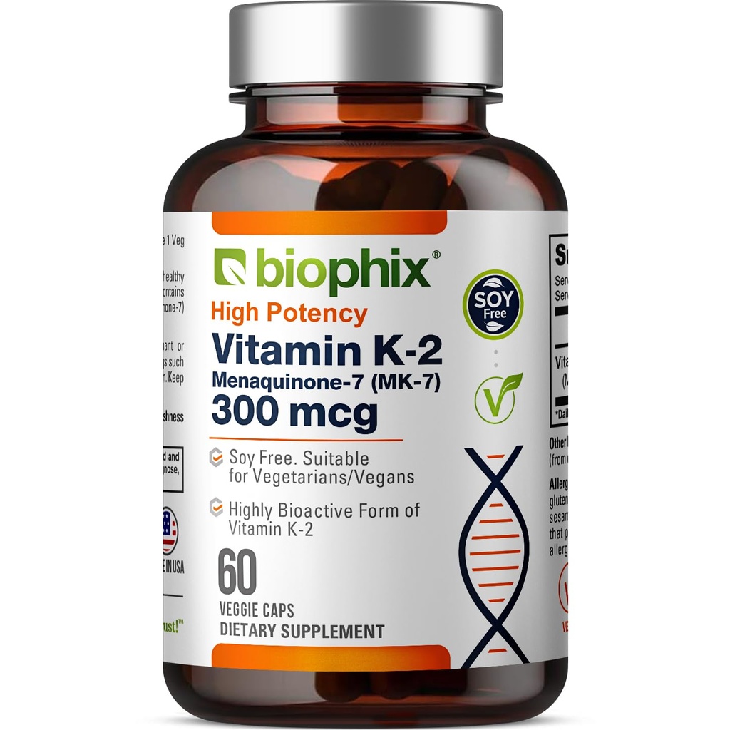 biophix ויטמין K2 MK-7 300mcg, 60 קפסולות טבעוניות - תוספת גבוהה לחוזק העצם ו- Immune Health