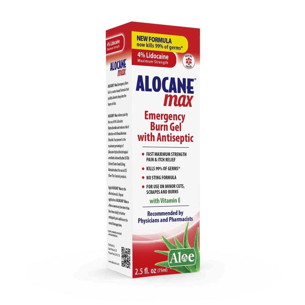 Alocane Max Emergency Burn Gel, 4% Lidocaine hydrochloride, Antiseptic Kills 99% של גרמים, כאבי כוח מקסימלי ו- Itch הקלה, עבור Sunburns, עזרה ראשונה Burn Gel עם Aloe Vera - 2.5 oz oz