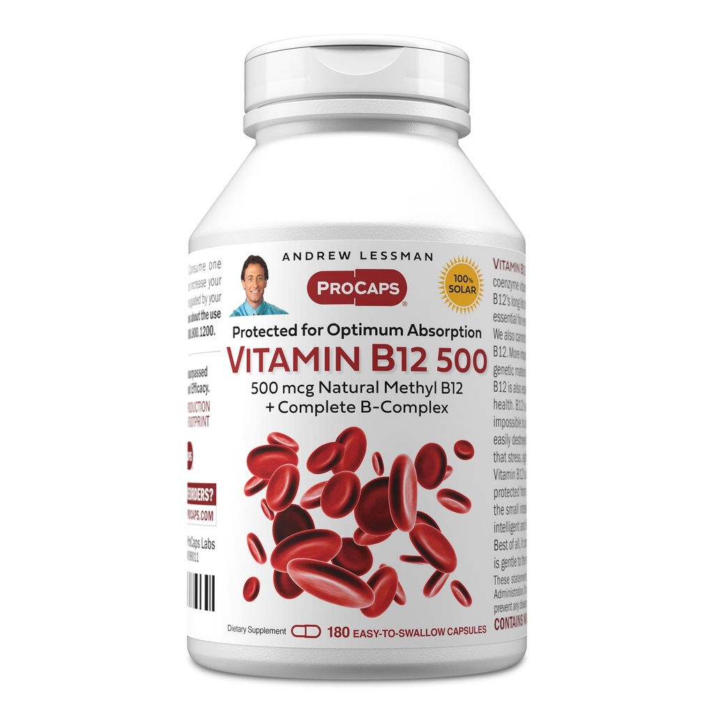 ANDREW LESSMAN ויטמין B12 500 180 קפסולות - Absorption-Protected Methyobalclamin (Natural Coenzyme ויטמין B12, Essential for Energy and Stress Support, Plus B-Complex, Easy to Swallow קפסולות