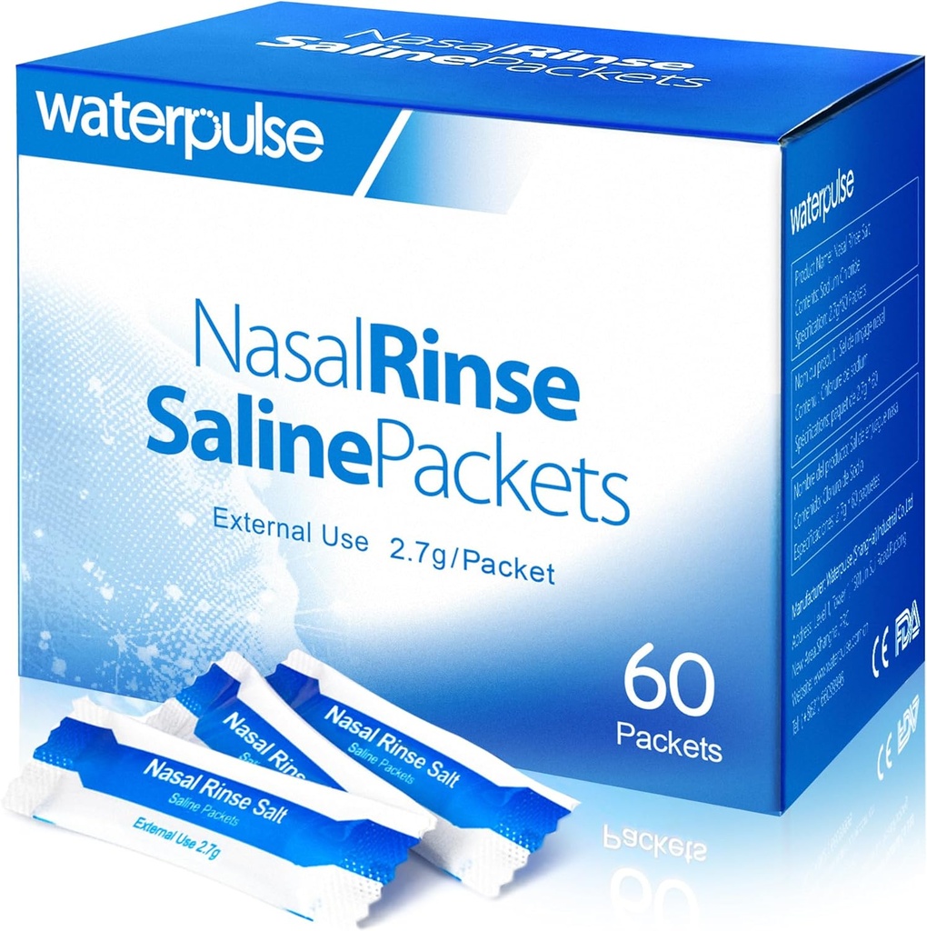 Waterpulse 60 Nasal Rinse Packets, Effective Neti Pot Salt Packets,Nasal Rinse Salt Packets באופן אישי Wrapped - פתרון נוח עבור Sinusitis, אלרגיות ו הקלה קרה