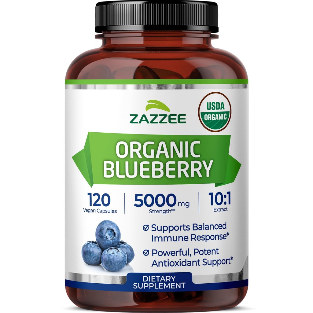 Zazzee USDA אורגני Blueberry 10:1 לחלץ, 5000 מ"ג כוח, 120 קפסולות טבעוניות, 4 חודשים אספקה, ריכוז וסטנדרט 10X שלם תמצית, 100% Vegetarian, non-GMO, המיוצר בארה"ב