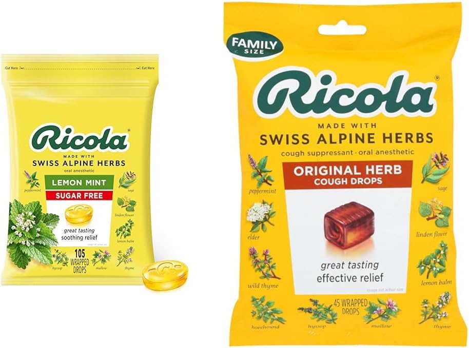 Ricola Sugar Free Lemon Mint Herbal Cough Suppressant גרון טיפות, 105ct Bag & Original Natural Herb Cough Suppressant גרון טיפות, 45 טיפות, להילחם Coughs באופן טבעי