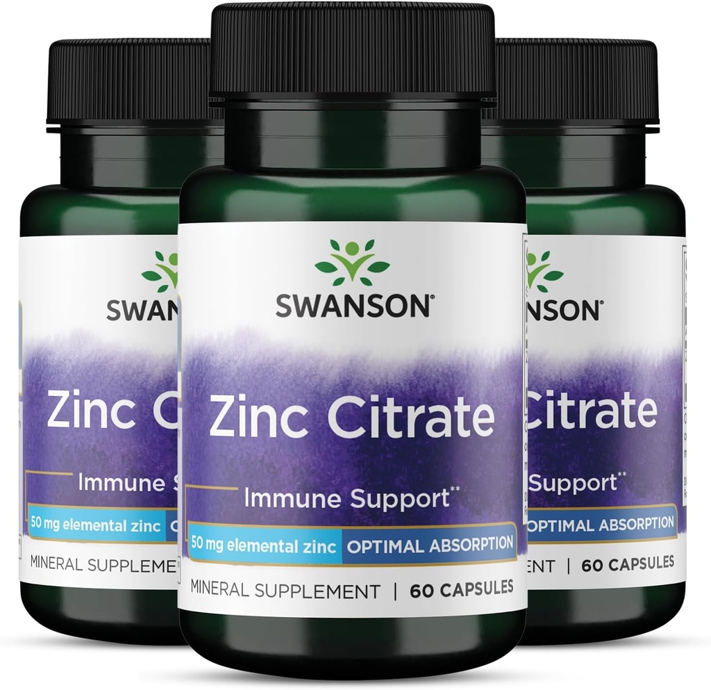 Swanson Zinc Citrate - מינרלים תוספת קידום בריאות חזון & Immune System Health - פורמולה טבעית תומכת כלל בריאות - (60 קפסולות, 50 מ"ג כל אחד) 3 Pack