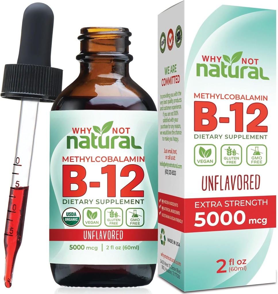 למה לא ויטמין אורגני טבעי B12 נוזל - כוח אקסטרה sublingual 60 x 5000 mcg Methylcobalamin טיפות, טבעוני, מקסים Absorption ואנרגיה