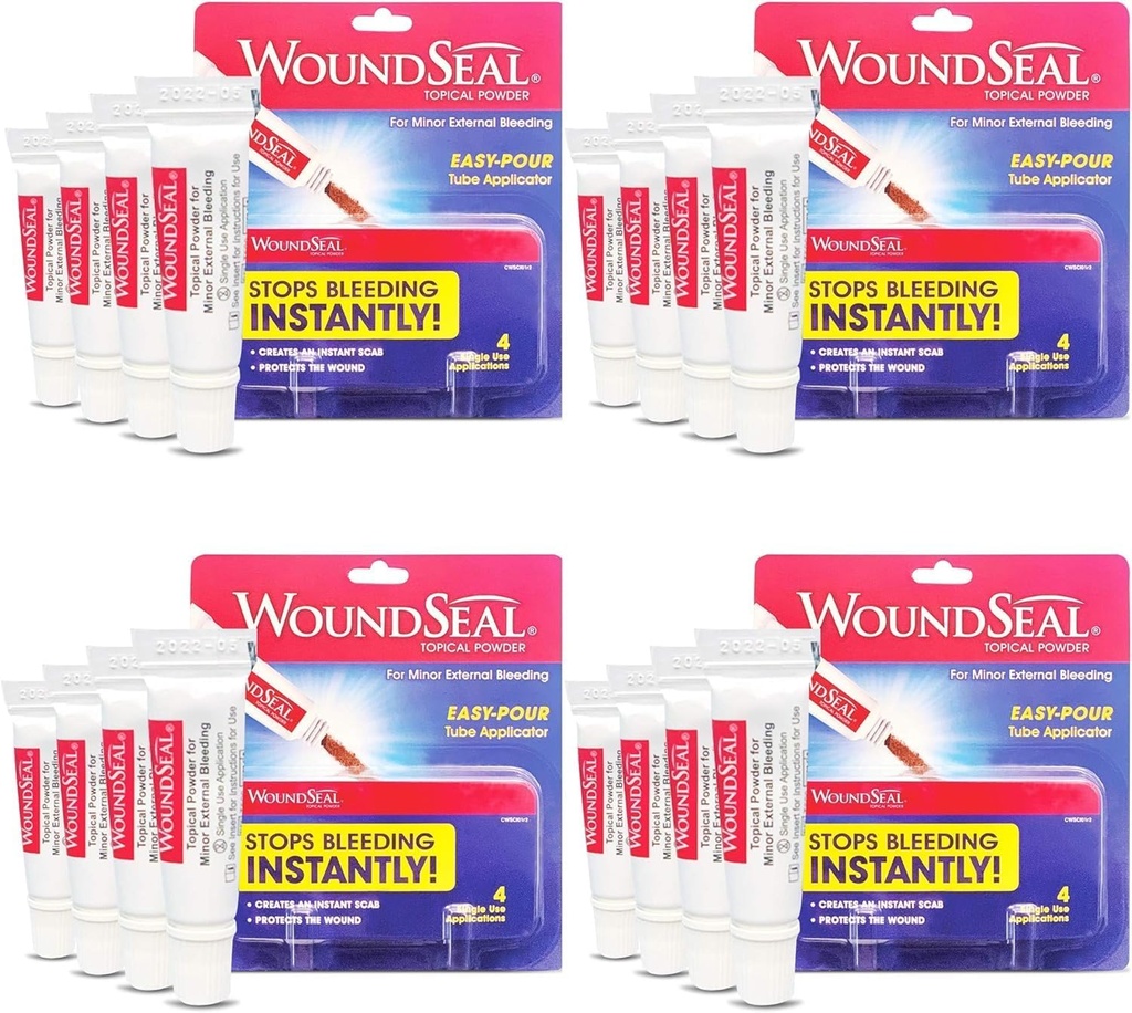 אבקת WoundSeal 4 כל אחד (Pack of 4) - Wound Care First Aid for Cuts, Scraps and Abrasions - Stops Bleeding in Seconds Without Stitches or Bandages