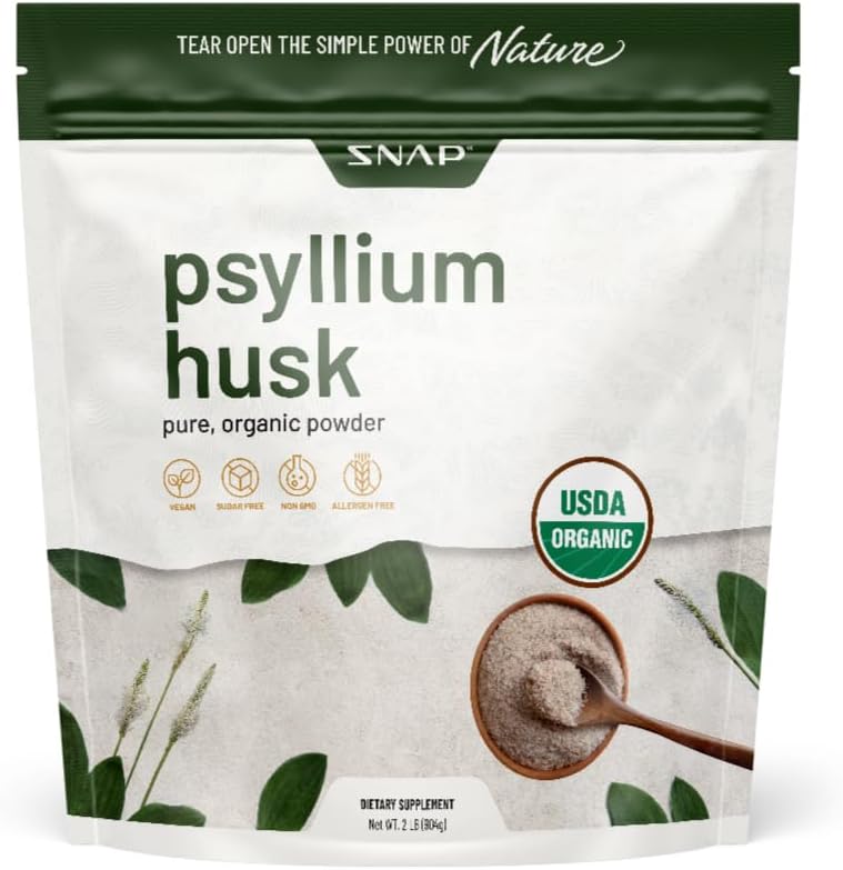 Snap Supplements Psyllium Husk USDA אורגני אבקה, תמיכה בריא Gut, מערכת נקייה, איידס בריאות עיכול, non-GMO, אבקת אורגנית טהורה, 2LBB