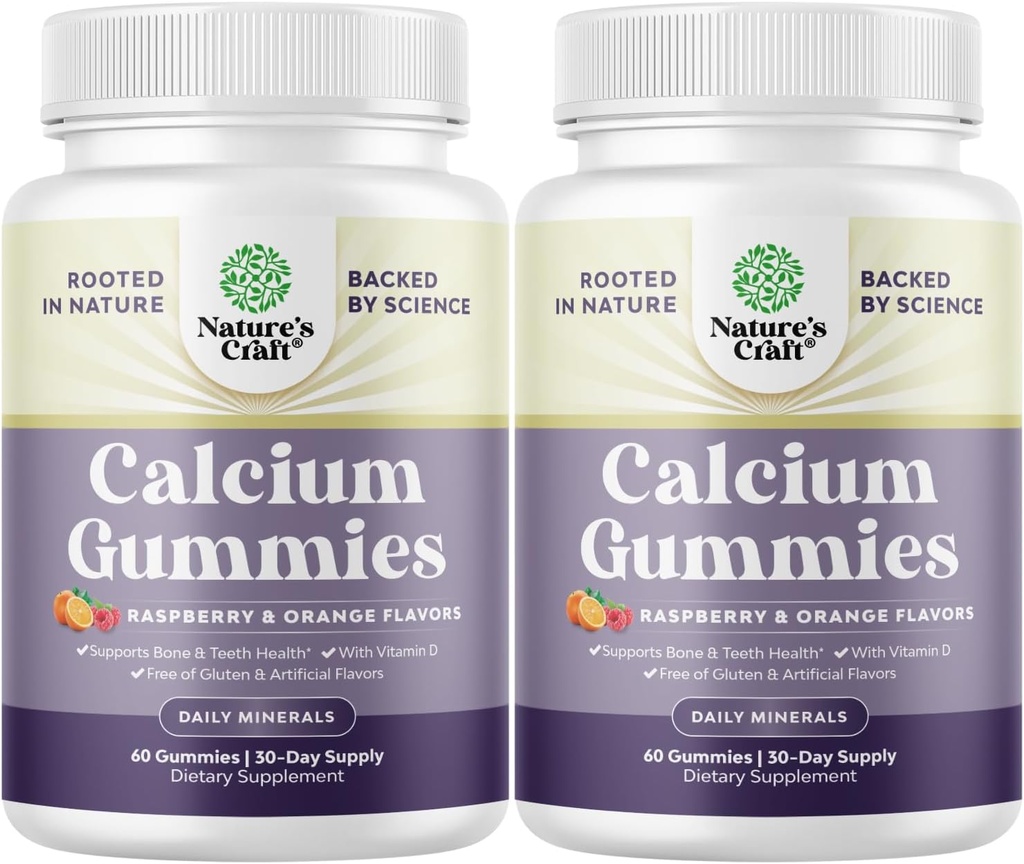 Natures Craft High Absorption Calcium Gummies עם ויטמין D3 - דיסלקטי Calcium חניכיים למבוגרים - Chewable ווויטמין D עבור בריאות העצם ו- Immune Support Gelatin-Free 60ct (2 Pack)
